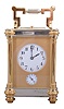 Jules Desjardin, France, carriage clock, time, strike, repeat & alarm, in a two-tone round column case, with round white dials behind a frosted gilt mask with the Arabic numerals separated by gold stars at the half hour positions. 18462