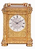 Aubert and Klaftenberger, London, a fine, small, week going English carriage timepiece, the gilt case with foliate engraving, the corners with chased, leaf decorated columns, and signed "L. Lange", Roman numeral silvered dial, the center also with engraving matching the case, blued steel Breguet style hands, and 8 day, 6 pillar fusee movement with lever escapement, serial #1061.
