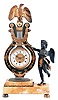France, for Bigelow, Kennard & Co., Boston, a sienna marble, gilt and patinated bronze mantel clock, the stepped stone base on gilt feet and supporting a patinated lyre form clock with gilt, naturalistic ornament, surmounted buy a gilt eagle finial, and with flanking, patinated putto gesturing toward the timepiece, Roman numeral white enamel dial with engine turned center, blued steel Breguet style hands, 8 day timepiece movement with lever platform and cut bimetallic balance