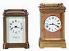 Clocks- 2 (Two) Carriage, both French 8 day timepieces: (1) gilt Anglaise case, Roman numeral white enamel dial with engine turned, gilt mask, and lever platform; (2) fret ornamented Obis case, Arabic numeral white enamel dial signed "Wood, Bicknell & Potter, Providence", with cylinder platform