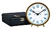 American Waltham Watch Co.,Waltham, Mass., night clock with travel case, 7 jewel gilt lever movement, signed, Arabic numeral milk glass dial with blued steel hands, gilt bezel and gas jet mounting bracket for night illumination, with leather clad, velvet lined wooden case
