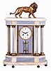 France, large 6-column marble and bronze "Crystal Regulator" with fancy porcelain dial with polychrome floral decorations, the case surmounted by a bronze lion. 2-vial compensating pendulum.
