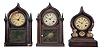 Clocks- 3 (Three): (1) Brewster & Ingrahams, Bristol, Conn., "Round Gothic" shelf clock now fitted with a Seth Thomas spring driven, 8 day, time and strike movement in a mahogany veneered case, c1848; (2) Forestville Mfg. Co., Forestville, Conn., "Round Gothic" shelf clock now fitted with a Waterbury Clock Co. 8 day spring driven time and strike movement in a ripple front rosewood case, c1850. (3) E. Ingraham & Co.,Bristol, Conn., "Oriental" shelf clock with a spring driven, 8 day, time and strike movement in a rosewood veneered case, c1880.