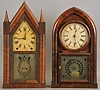 Clocks- 2 (Two): (1) Jonathan Frost, Reading, Mass. (by Brewster & Ingrahams, Bristol, Conn. and sold by Frost), 8 day, time and strike, spring brass movement Sharp Gothic or Steeple clock; (2) Brewster & Ingrahams, Bristol, Conn., 8 day, time and strike, spring brass movement Round Gothic or Beehive shelf clock.