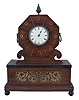 France, mantel clock, 8 day, time only, sping-driven movement with a cylinder escapement in a mahogany case with brass inlay on ball feet supporting a box with drawer that opens to the side, topped with an octagonal head holding a white paper dial with Roman numerals and metal finial.
