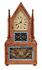 Birge & Fuller, Bristol, Conn. Steeple on Frame with Candle Finials shelf clock with an wagon spring driven, 8 day, time and strike movement.