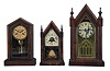Clocks- 5 (Five): (1) New Haven Clock Co., New Haven, Conn., "Sharp Gothic" shelf clock with a spring driven, 8 day, time and strike movement in a mahogany veneered case, c1880; (2) Jerome & Co., New Haven, Conn., miniature steeple shelf clock with a spring driven 30 hour time and alarm movement in a mahogany veneered case, c1870. (3) F. Kroeber Clock Co., New York, "Dictator" shelf clock with a spring driven 30 hour time and strike movement in a rosewood veneered case, c1885. (4) Brewster & Ingrahams, Bristol, Conn., Round Gothic shelf clock with a spring driven, 8 day, time and strike movement in a mahogany veneered case, c1850, (5) Waterbury Clock Co., Waterbury, Conn., Round Gothic shelf clock with a spring driven 30 hour time, strike and alarm movement in a mahogany veneered case, c1865.