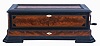 Mermod Freres, St. Croix, Switzerland, cylinder music box, with 4 eleven inch cylinders [3 fit in drawer built into case], each cylinder with 6 tunes. This is an ideal "Piccolo" format box, with tune number indicator, and Jacot "Safety Check", external crank wound, in an inlaid case with 45 degree corners. No tune sheets. WITH a non-matching but sturdy stained pine table from the same period with heavy turned legs.