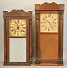 Clocks- 8 (Eight) clocks and one clock case including: 3 ogee clocks, one wooden and two brass works by Sperry & Shaw, Elisha Manross, and William S. Johnson; 2 half column and splat clocks by Daniel Pratt and David Dutton; French perpetual calendar clock parts signed R. Heslop, Paris; Unsigned German cuckoo clock; French crystal regulator with Marti movement; Black slate mantel clock case with red marble accents.