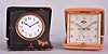 Clocks- 2 (Two): Both travel models, the first an Angelus "Folioluxe", 8 day, 15 jewel lever movement with triple calendar, phases of the moon, and alarm, Arabic numeral silvered dial, luminous baton hands, the other a minute repeater marked "Columbia Watch Co.", 13 jewel nickel movement with lever escapement, Arabic numeral white enamel dial with blued steel hands