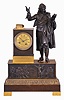French. bronze & ormolu figural clock, depicting a French Barrister with his law books atop pedestal, and reading scrolls held in his left hand. The well made bell strike movement, with silk thread suspension, with bezel and glazed door intact over dial, the brass dial center embossed, and the silvered chapter ring with painted Roman Numerals.