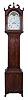 Pennsylvania tall clock, 8 days, time and bell strike, weight driven movement in a cherry case with oval inlay in plinth and on trunk door with stylized top, string inlay in quarter columns on trunk, square columns flanking hood and broken arch top with inlaid rosettes and three wooden finials on French feet. The painted metal dial has moon phase with ship and American flag, center sweep seconds and calendar on center arbor.