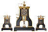 Guilmet, France, an impressive, industrial series Steam Hammer clock with side pieces, bronze case with gilt and patinated silver surfaces, on a footed, black slate base, the hammer forming part of the complex compound pendulum, rising and falling, appearing to strike the anvil as the clock runs, rectangular silvered dial with applied Roman numerals, blued steel hands, 8 day, time and strike pendule de Paris movement with Guilmets modifications, and also with Guilmet's mark on the back plate, together with matching, rolling mill side pieces, c1880