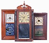 Clocks- 6 (Six): (1) Elisha Hotchkiss, Jr., Burlington, Conn., 30 hour, time and strike, weight wood movement half column & splat shelf clock, c1832; (2) E. N. Welch Mfg. Co., Forestville, Conn., 8 day, time, strike and alarm weight brass movement OG shelf clock, c1865 (3) Unknown, 30 hour, time and strike, weight brass movement OG shelf clock, c1840 (4) Forestville Mfg. Co., J. C. Brown, Bristol, Conn., 30 hour, time and strike, weight brass movement OG shelf clock, c1850 (5) New Haven Clock Co., New Haven, Conn., 30 hour, time and strike, weight brass movement OG shelf clock, c1860 (6) New Haven Clock Co., New Haven, Conn., 30 hour, time and strike, weight brass movement OG shelf clock, c1860
