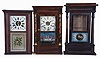 Clocks- 6 (Six) American shelf clocks: (1) Seth Thomas Clock Co., Plymouth Hollow, Conn., column shelf clock with a brass spring driven 30 hour time and strike movement in a mahogany case, c1850; (2) Atkins & Porter, Bristol, Conn., quarter column shelf clock with a weight driven 30 hour time and strike movement in a mahogany veneered case, c1845. (3) J. C. Brown, Forestville, Conn. half column shelf clock with a weight driven 30 hour time and strike movement in a mahogany veneered case, c 1850. (4) Seth Thomas, Plymouth Hollow, Conn., half column shelf clock with a weight driven 30 hour time and strike movement in a mahogany veneered case, c1855. (5) Sperry & Shaw, 10 Cortlandt St., New York., 4 column NY style case only, c1845. (6) Daniel Pratt, Reading, Mass OG shelf clock with a weight driven, 8 day, time and strike movement in a mahogany veneered case, c1860.