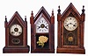 Clocks- 6 (Six): (1) Waterbury Clock Co., Waterbury, Conn., 30 hour, time, strike and alarm spring brass movement Sharp Gothic or steeple clock, c1870; (2) New Haven Clock Co., New Haven, Conn., 8 day, time and strike, spring brass movement Sharp Gothic or steeple clock, c1870 (3) William L. Gilbert Clock Co., Winsted, Conn., 8 day, time, strike and alarm Sharp Gothic or steeple clock, c1870 (4) Ansonia Clock Co., Ansonia, Conn., 30 hour, time and strike, spring brass movement Sharp Gothic or steeple clock, c1870 (5) Elisha Manross, Bristol, Conn., Sharp Gothic or steeple case only, c1850 (6) William L. Gilbert Clock Co., Winsted, Conn., 30 hour, time, strike and alarm spring brass movement Sharp Gothic or steeple clock, c1870