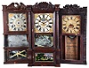 Clocks- 3 (Three): American shelf clocks: (1) Jared Arnold, Jr., Amber, NY, triple decker shelf clock with a weight driven, 8 day, time and strike strap brass movement in a mahogany veneered case with a carved eagle splat., c 1838; (2) T. M. Roberts (for Henry Hart), Bristol, Conn., carved column and splat shelf clock with a weight driven 30 hour time and strike wood movement in a mahogany veneered case, c1835. (3) Birge & Gilbert, Bristol, Conn., full column and carved splat shelf clock with a weight driven, 8 day, time and strike strap brass movement in a mahogany veneered case, c1838.