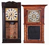 Clocks- 4 (Four): (1) E. W. Adams, Seneca Falls, New York, 30 hour, time and strike, weight wood movement carved column and cornice top shelf clock, c1835; (2) David Dutton, Mount Vernon, New Hampshire, 30 hour, time and strike, weight wood movement half column & splat shelf clock, c1830 (3) Pratt & Frost, Reading, Mass., 30 hour, time and strike, weight wood movement half column & splat shelf clock, c1830 (4) Julius Peck & Co., Litchfield, Conn., 30 hour, time and strike, weight wood movement half column & splat shelf clock, c1835