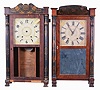 Clocks- 4 (Four): (1) Eli Terry & Son, Plymouth, Conn. 30 hour, time and strike, weight wood movement half column & splat shelf clock, c1830; (2) Riley Whiting, Winchester, Conn., 30 hour, time and strike, weight wood movement half column & splat shelf clock.c1830 (3) Williams Orten, Prestons & Co., Farmington, Conn., 8 day, time and strike, weight brass movement column and cornice shelf clock, c1840 (4) Jerome's & Darrow, Bristol, Conn., 8 day, time and strike, weight wood movement half column & splat shelf clock, c1830