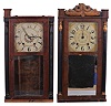 Clocks- 4 (Four): (1) Riley Whiting, Winchester, Conn., half column shelf clock with a weight driven 30 hour time and strike wooden works movement in a mahogany veneered case, c1835; (2) C. & L. C. Ives, Bristol, Conn full column and eagle splat shelf clock with a weight driven, 8 day, time and strike riveted strap brass movement in a mahogany veneered Empire two decker case with tiger maple columns and trim and carved eagle splat, c1835; (3) Elisha Hotchkiss, Burlington, Conn., half column and splat shelf clock with a weight driven 30 hour time and strike wooden works movement in a mahogany veneered case, c1834. (4) Williams, Orton, Preston's & Co., Farmington, Conn., half column and splat shelf clock with a weight driven 30 hour time and strike movement in a mahogany veneered case, c1838.