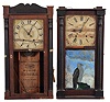 Clocks- 5 (Five): (1) Samuel Terry, Bristol, Conn., 30 hour, time and strike, weight wood movement half column & splat shelf clock, c1830; (2) David Dutton, Mount Vernon, New Hampshire, 30 hour, time and strike, weight wood movement quarter column & splat shelf clock, c1830 (3) Silas Hoadley, Plymouth, Conn., 30 hour, time, strike and alarm weight wood movement half column & splat shelf clock, c1830 (4) E.& G. W. Bartholomew, Bristol, Conn., 30 hour, time and strike, weight wood movement half column & splat shelf clock, c1830 (5) Elisha Hotchkiss, Burlington, Conn., 30 hour, time and strike, weight wood movement short pendulum turned column & splat shelf clock, c1832.