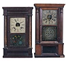 Clocks- 3 (Three): (1) Unknown, 30 hour, time, strike and alarm weight wood movement OG side shelf clock, c1830; (2) Barton, Brothers & Co.., New Haven, Conn., 30 hour, time, strike and alarm weight brass movement column & cornice shelf clock, c1855 (3) J. C. Brown, Bristol, Conn., 8 day, time and strike, spring brass movement column & OG top shelf clock, c1850
