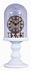 Ansonia Clock Co., Ansonia, Conn., 3 arm balance, Torsion Candlestick Timepiece with 2 3/4-in. embossed & silvered brass dial, thirty-hour timepiece with 3 small brass cups on the ends of the balance arms, hairspring, and regulator below the movement, back plate stamped Terry Ville Manufacturing Company, Terry Ville, Conn., Patented October 5th, 1852, milk glass pedestal and glass dome,