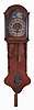 Dutch Friesland hooded staartklok or "tail" clock, weight driven, intact with rolling moon dial and alarm; embossed brass depictions of the 4 seasons in spandrel areas.
