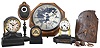 Clocks- 6 (Six) American and European: (1) Terry Clock Co.,15 day skeleton timepiece with broken dome; (2) Smallest Terry Clock Co.,iron cased alarm; (3) S. B. Terry (Terry Clock Co) Marine lever; (4) c1850 German wooden works dial clock with CROWN WHEEL, cows tail; (5) Seth Thomas ebonized case alarm and (6) French boudoir mirror timepiece [rear wind watch movement]