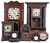 Clocks- 15 (Fifteen): (1) Germany, Kundo, 400 day, anniversary timepiece under a dome; (2) Seth Thomas Clock Co., Thomaston, Conn., 8 day, time and strike seven jewel ship's bell wall clock, c1940 (3) Horolovar Co., "Ignatz", 30 hour, spring brass movement flying pendulum novelty timepiece, c1970 (4) E. Ingraham & Co., Bristol, Conn., 30 hour, time and strike octagon top mantel clock, c1870. (5) France, 8 day, spring brass movement oval form carriage clock, c1900 (6) Unknown, 30 hour, time and strike, weight wood movement case. (7) Seiko Quartz, pyramid form mantel clock. (8) Seth Thomas Clock Co.,Thomaston, Conn. 8 day, time, strike and alarm small column & cornice shelf clock, c1870. (9) Horolovar Co., 30 hour, spring brass movement "Briggs Rotary", novelty timepiece, c1970. (10) France, 8 day, time and strike, spring brass movement black marble mantel timepiece. (11) E. & G. W. Bartholomew, Bristol, Conn., 30 hour, time and strike, weight wood movement hollow column shelf clock, c1830 (12) Unknown, 30 hour, spring brass lever movement octagon wall timepiece, c1870 (13) Jerome's & Darrow, Bristol, Conn., empty case. (14) Unknown, S. B. Terry?, 30 hour, time and strike, weight brass movement small OG shelf clock. (15) Jerome's & Darrow, Bristol, Conn. half column & splat clock case, c1835