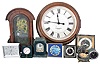 Clocks- 11 (Eleven) European and American Clocks: Lot includes 2 Chelsea easel clocks, one with the black "Chinese Lacquer" motif; Waltham 8 day clock clock; German made alarm clock; Lux "Automatic Range Timer"; Swiss-made 15 jewel travel clock; desk clock with Bulova Accutron movement; Swiss-made easel clock with blue dial; Seth Thomas electric car clock; mantel clock with Asian movement; E. Howard & Co. gallery clock fitted with a battery movement.