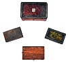 Music boxes- 4 (Four): Three with tin cases, two of those with transfer scenes decorating the covers, and one burl veneered box