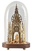 England, Sir Walter Scott Memorial brass skeleton clock, unsigned, the brass frame of cathedral form with pierced and silvered roman numeral chapter ring, chain fusee eight day, five train movement with maintaining power and lever escapement with regulation sector and hand all on a walnut base with gilt figures of Sir Walter Scott and his dog, beneath a glass dome.