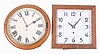 Clocks- 4 (Four) Wall Clocks: (1) English time only fusee movement postal wall timepiece; (2) New Haven "Erie" wall clock; (3) Seth Thomas "Observer" wall timepiece; (4) New Haven "12 Inch Balcony" wall timepiece.