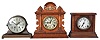 Clocks- 3 (Three) Mantel: Seth Thomas "Celtic" time and strike metal case mantel clock, Sessions time and strike mantel clock in a pine case, and an Ingraham "Cabinet No. 3" time and strike mantel clock.