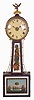 Reuben Tower, Hingham, Massachusetts Patent Timepiece or "Banjo" Clock with Alarm, the mahogany case with roman numeral painted iron dial faintly inscribed "R Tower", brass side ornaments flank the waist glass of gilt scrolls against a red, white and blue background framed with half rounded moldings, the lower glass depicts five war ships in battle and central pendulum aperture, eight day, step train timepiece movement with integral alarm and winding arbor, powered by two lead weights and regulated by a pendulum.
