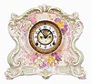 Ansonia Clock Co., New York, "La Cantal" mantel clock, 8 day, time and strike, spring driven movement with visible Brocot escapement in a green porcelain case with white porcelain dial with Roman numerals.