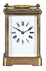 France, an unusual, five minute repeating carriage clock with single gong, gilt Corniche case with bevelled glasses, Roman numeral white enamel dial, blued steel distaff hands, 8 day, time and strike movement with lever platform, counting the hours in passing, repeating the hours when activated by top pusher, and repeating the last five minute interval through the pusher at case back