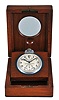Hamilton Watch Co., Lancaster, Penn., model 22 chronometer watch with wind indicator, 35 size, 21 jewels, stem wind, pin set, adjusted to 6 positions and temperature, straight line damascened nickel plate movement, with lever escapement and micrometric regulator, Arabic numeral silvered metal dial, black steel spade and poker hands, serial #2F12833, the timepiece contained in a mahogany box with viewing aperture, c1940