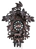 Clocks- 2 (Two) Black Forest Cuckoo and Quail: 3-weight cuckoo and quail wall clocks with carved fox and grapes motif, one signed "Miller & Cie" on the brass movement, the other "Faller", early 20th century.