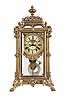 Ansonia Clock Co., New York, "Excelsior" crystal regulator, 8 day, time and strike, spring driven movement with visible Brocot escapement in a gilt finished brass case on claw feet, cream porcelain dial with Roman numerals and red interstitial decorations, cast pendulum with female face, strikes on cathedral gong.
