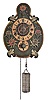 Toggenburg region, Switzerland, attributed to the Buehler family of clockmakers, a hanging 12 hour alarm timepiece, wooden dial with polychrome painted ornament and cow tail pendulum, the hour displayed on the upper chapter, and with quarter indication below, movement with wooden wheels, plates, and verge escapement, and lead weight, dated 1786