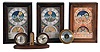Clocks- 4 (Four) and 1 (One) Barometer and 1 (One) gimbaled compass: three plug-in electric almanac clocks, two with planting information and one with baking information; desktop weather station with electric clock, thermometer and barometer; Wilfred O. White & Sons, Inc aneroid barometer; and a Baker Compass Co., Melrose, Mass., compass