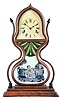 J. C. Brown, Forestville, Connecticut, acorn clock, rosewood veneered case with laminated, full-length door flanked by conforming laminated side ornaments capped with turned acorns, and framing a replacement tablet depicting two children playing with bunnies in a classical garden setting and beneath a theatrical curtain with stars in green and bronze paint, all on an ogee molded base, roman numeral zinc dial inscribed "Forestville Manufg. (sic) Co/Bristol. Ct. U.S.A.", chestnut backboard with pale green dust paper lining and card stock printed label stating "Eight Day Spring Clocks,/Manufactured by J. C. Brown,/Bristol, Conn." all within a pin-wheel border, eight day lyre shaped movement stamped "Forestville Mfg. Co./Bristol, Ct/USA" with count-wheel strike, recoil escapement and detached mounted springs and wooden fusees in the base below the card stock label.