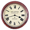 Clocks- 2 (Two) English Dial Clocks, the first with overall diameter 15 inches, mahogany dovetailed case with side and lower case access, the painted iron dial signed "King & Double/63 St. Helens St./Ipswich" with blued spade hands, eight day time only cable fusee spring movement with recoil escapement and brass pendulum, the last with overall diameter 19 inches, movement marked by Winterhalder & Hofmeier and hardwood molded surround, brass bezel, and signed on the painted iron roman numeral dial "J. Whiplech/Hollinwood" with blued spade hands, eight day time only gut fusee movement stamped "W&H/Sch" and box hardwood case with side and bottom access.