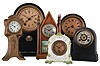 Clocks- 6 (Six) Shelf & Novelty: an assortment of small clocks including a Seth Thomas Art Nouveau novelty clock, miniature porcelain clock by New Haven, miniature steeple by Fynetone Co.,three round top iron case clocks in different sizes by The Terry Clock Company.
