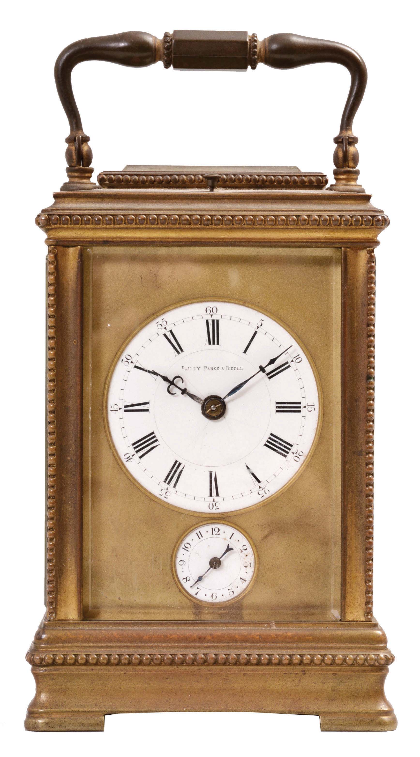France for Bailey, Banks &amp; Biddle, Philadelphia, Penn., carriage clock, 8 day, time and petite sonnerie with alarm, lever escapement, repeat button sounding the last hour and quarter, all in a gilt brass case with beveled front, side, back, and top glasses, white enamel dials. — Antique Clocks Price Guide