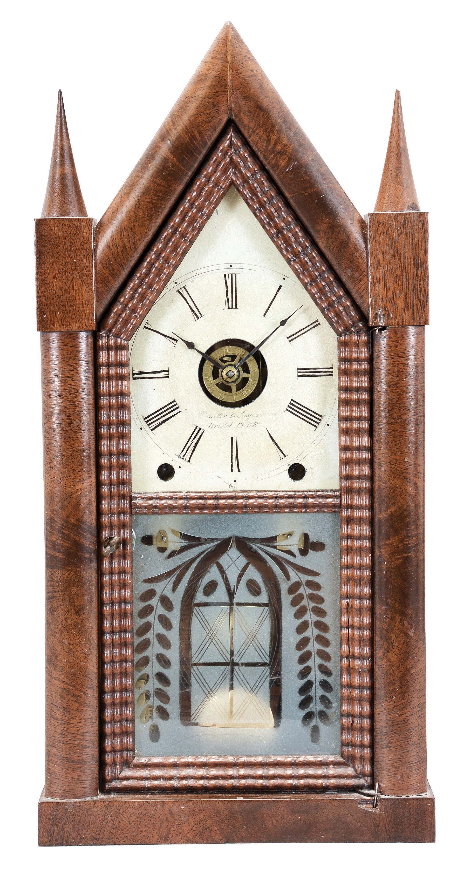 Brewster &amp; Ingrahams, Bristol, Conn., 8 day, time, strike and alarm ripple door sharp gothic or steeple clock. — Antique Clocks Price Guide