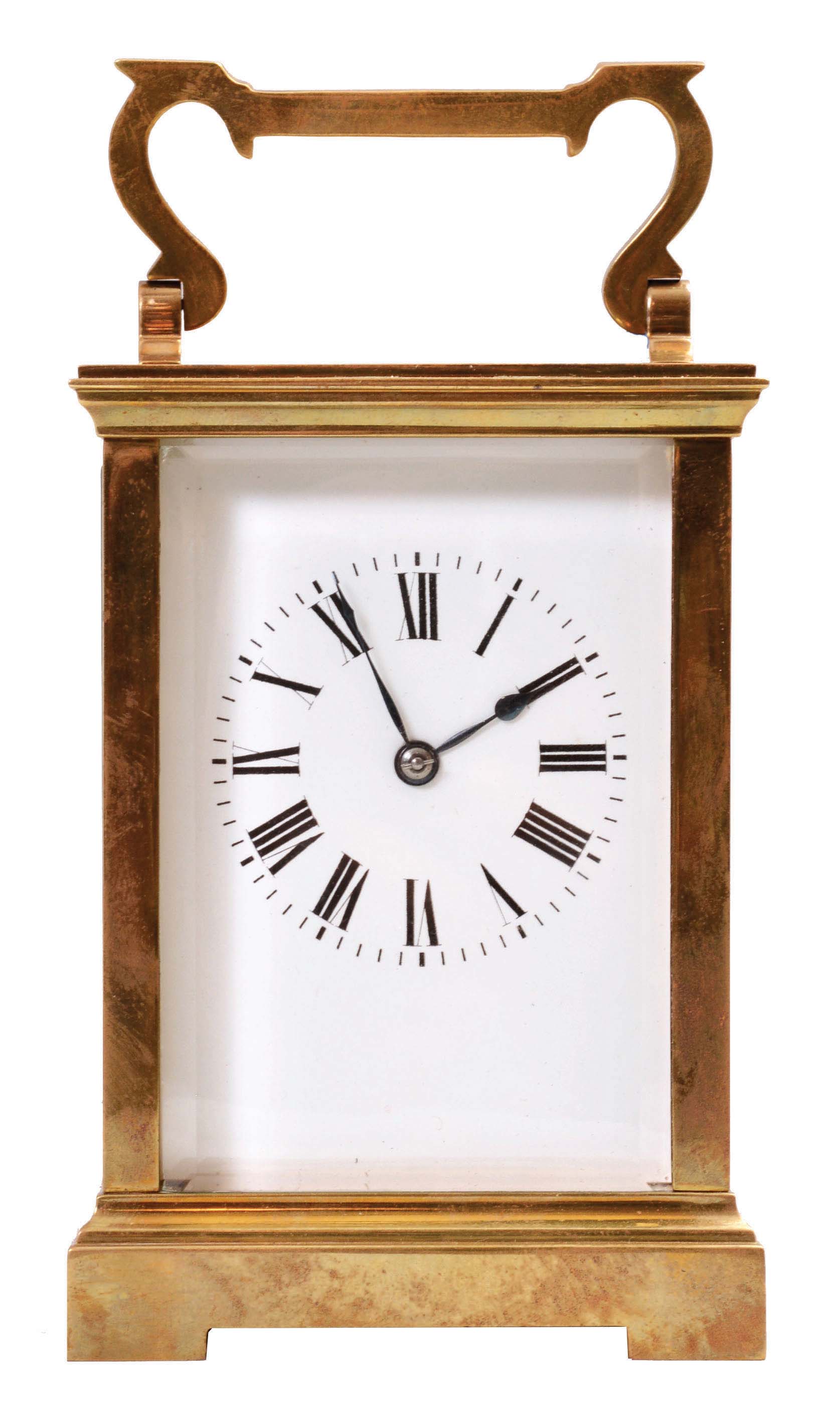 France, carriage clock, 8 day, time and strike, spring-driven movement with a lever escapement in an polished brass Anglaise case with five beveled glasses, white enamel dial, and blued steel hands, all in a leather carrying case. — Antique Clocks Price Guide