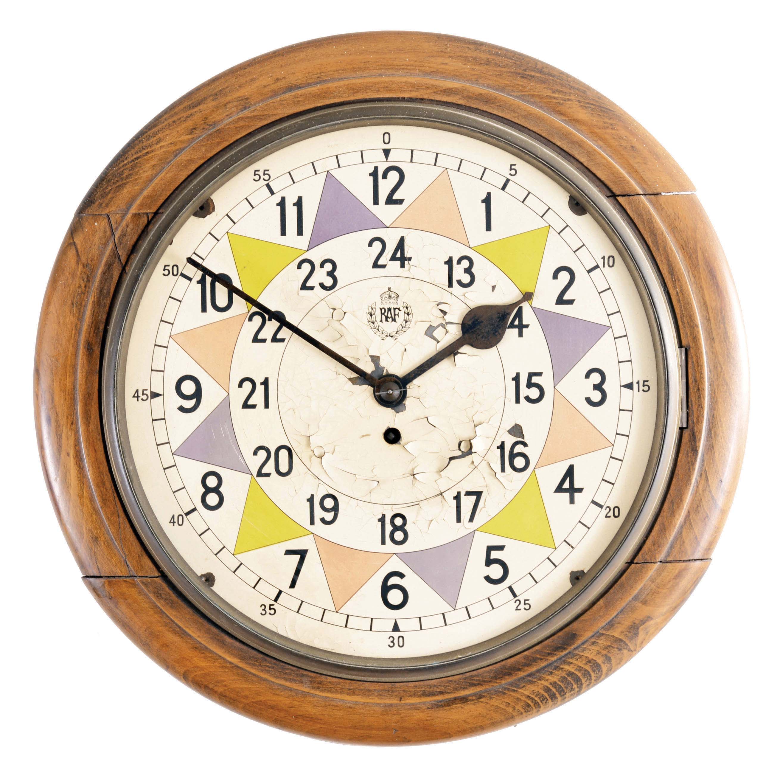 F.W. Elliot, England, "Royal Air Force Operations Room Plotting Clock" or sector/radio room style clock, 8 day, time only, spring-driven, fusee movement in a beech case with polychrome painted metal dial that was used in conjunction with observations and radar to track and intercept enemy aircraft during the World War II. — Antique Clocks Price Guide